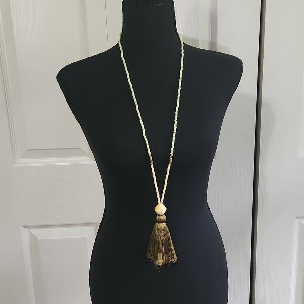 Necklace Cream Green & Gold Beaded Tassle Bohemian Long